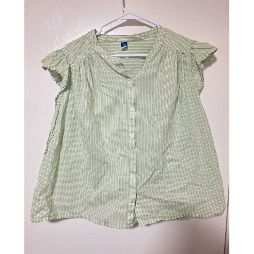 Old Navy Women's XL Green White Striped Woven Cotton V-Neck Flutter Blouse